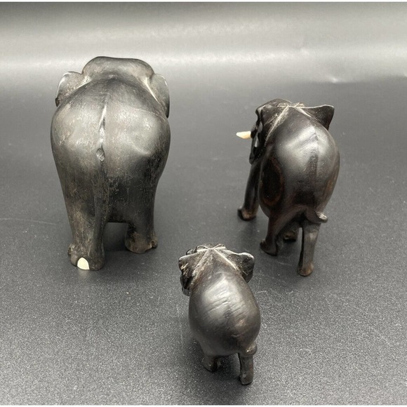 Hand Carved Wooden Elephant Family Mama And Babies Set Of 3 Vintage Elephants - Picture 6 of 15